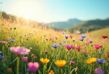 Obraz premium vibrant wildflowers sunny meadow nature blooming flora colorful landscape springtime happiness outdoor serenity, petal, grass, outdoors, scenery, field, daisies