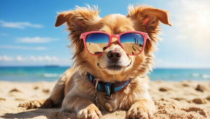 Cool Pup Chills On Sandy Beach
