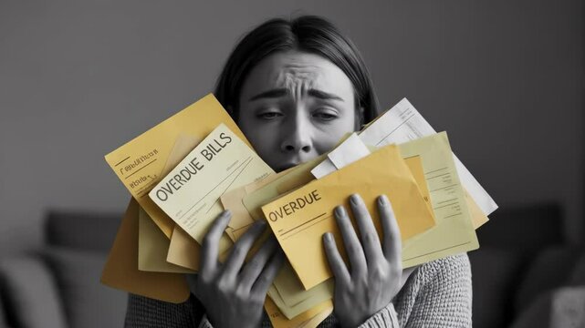 Stressed woman overwhelmed by overdue bills financial trouble grayscale closeup emotional portrait