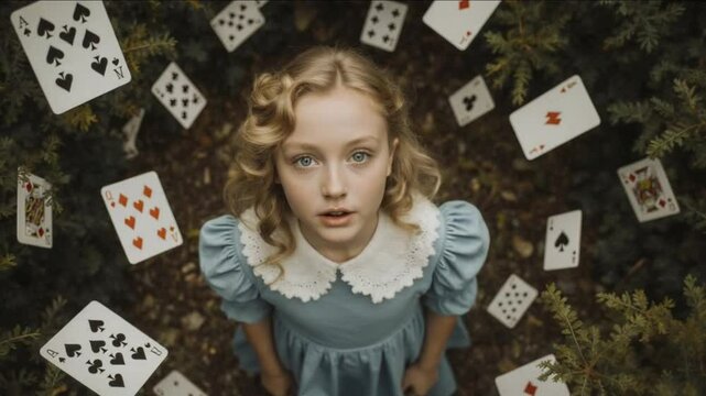 Surreal Portrait of a Child Amid Floating Playing Cards in a Forest - Little girl surrounded by floating playing cards