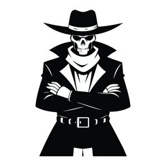 skull man with hat, horror stylish skull standing icon isolated on white background