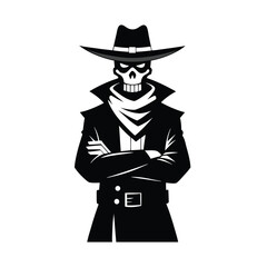 silhouette of a skeleton standing, skull wearing suit and hat silhouette icon isolated on white background