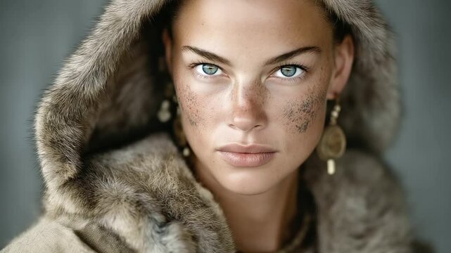 Nordic Viking Woman Portrait with Face Paint and Fur Cloak
