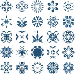 Blue Abstract Geometric Snowflake and Kaleidoscope Mandala Pattern Set