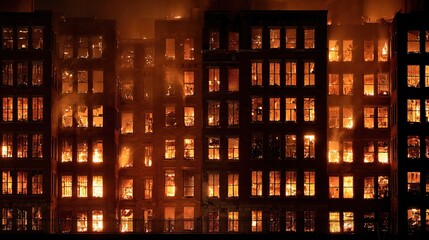 Buildings consumed by a raging fire, spreading through multiple stories in a densely populated urban area