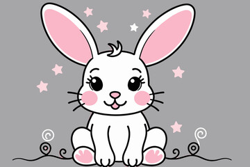 Cute Cartoon Bunny with Stars-Adorable White Rabbit Illustration-Whimsical Easter Animal-Childrens Room Decor-Pink and White Bunny Art