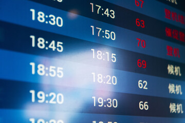 Close up of flight information board. The Chinese characters on the right display boarding