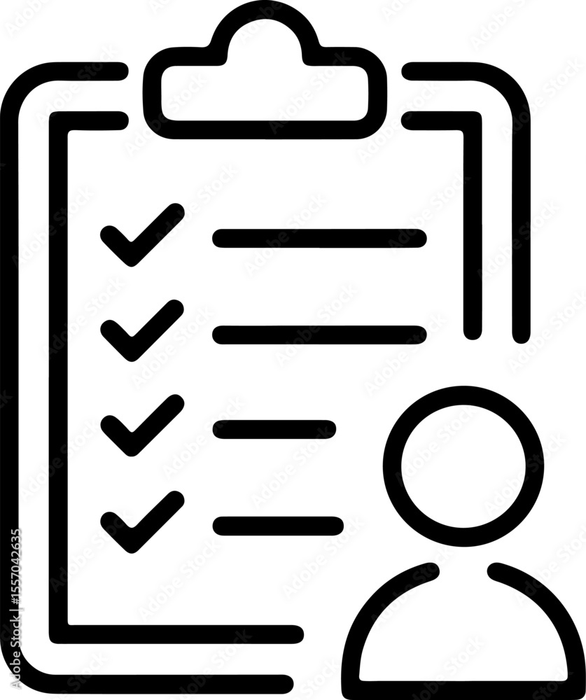 Poster clipboard with checklist and person icon representing task completion or user profile