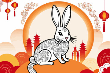 Obraz premium Celebrate Chinese New Year with a Cute Rabbit Illustration - Year of the Rabbit Design - Festive Orange and White Lunar New Year Art-Asian Inspired Rabbit Graphic