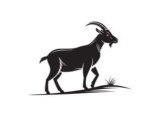 Side view silhouette of a standing goat with horns in simple black vector icon style, minimal farm animal symbol, strong profile graphic isolated on white background in PNG format

