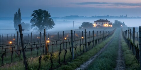 Obraz premium Vineyard landscape fog morning tranquil scene wine country scenic beauty rural italy peaceful atmosphere on transparent background