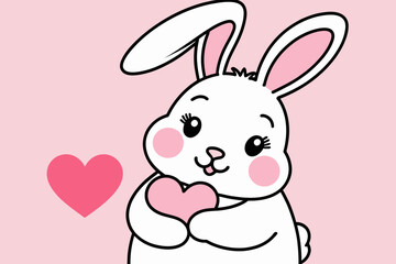 Fototapeta premium Cute Bunny with Heart Illustration-Valentine's Day Greeting Card Idea-Adorable Cartoon Rabbit Holding Pink Heart-Sweet and Lovely Design-Perfect for Love Messages