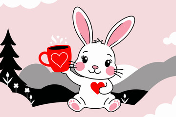 Obraz premium Cute Bunny with Heart Mug-Valentine's Day Rabbit-Kawaii Cartoon Animal-Pink and Black Illustration-Adorable Hare for Children-Greeting Card Image