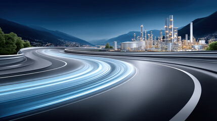 Oil prices rise impacting transportation sectors with futuristic highway curving near illuminated industrial refinery set against mountain