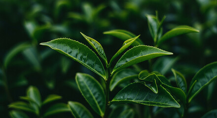 Fototapeta premium Lush Green Tea Leaves Close-Up A Vibrant View of Tea Plant Growth