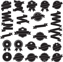 : Black Silhouette Ribbon Banner and Award Seal Vector Set