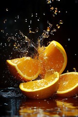 Orange slices splash with dark background.