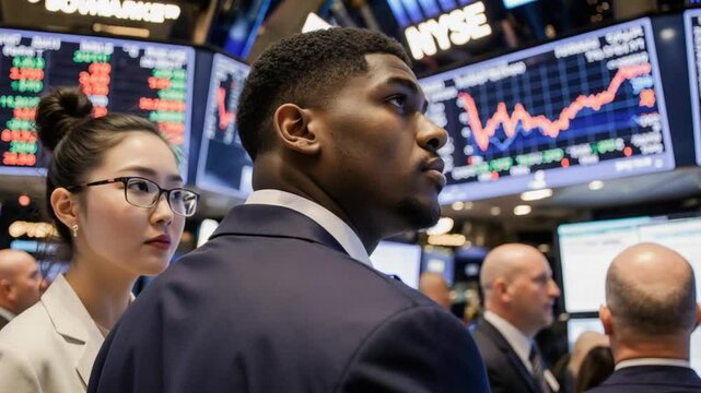 Focused financial traders analyzing market trends on trading floor - Stock traders watching market monitors
