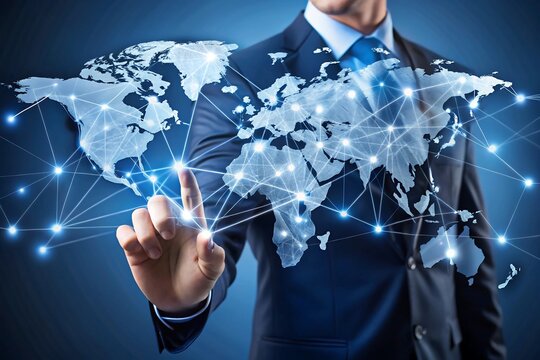 Businessman interacts with a digital world map highlighting global network connections