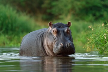 Hippos head above the water showing textured skin and small ears with green vegetation in the background