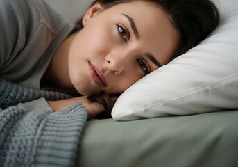 Young woman resting in bed, looking thoughtful and serene  