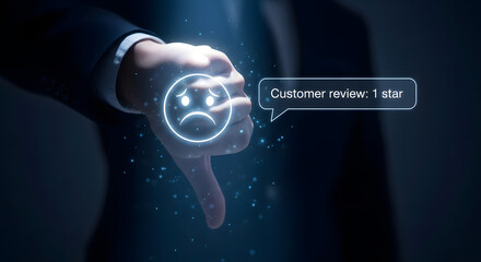 Businessman showing thumbs down with sad face icon and text "Customer review: 1 star," indicating negative feedback in digital interface.