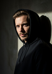 Fototapeta premium Close-up portrait of a man in a black hoodie, bathed in dramatic sunlight.