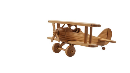 Wooden airplane toy biplane vintage handcrafted model isolated on white background for kids and collectors on transparent background