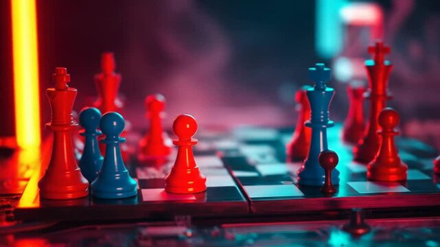 Chess game with red and blue team pieces on circuit board. Cyber ​​security breach simulation concept. Digital attack threat protection strategy. 4k video
