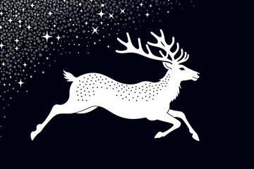 Festive White Reindeer Illustration-Leaping Reindeer Silhouette on Dark Blue Background-Sparkling Stars for Holiday Decor-Christmas and New Year Design-Winter Celebration Art