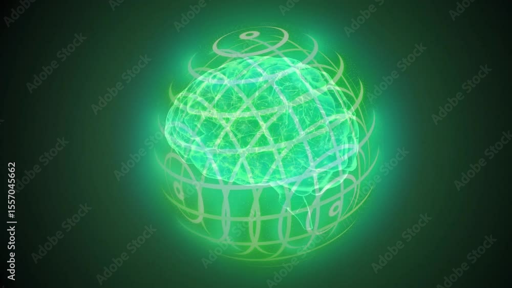 Poster on start brain mesh forming inside grid sphere pulsing rotating representing neural activity