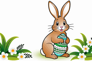 Obraz premium Happy Easter Bunny with Egg- Celebrate Spring- Festive Easter Decoration- Cute Bunny Illustration- Easter Egg Hunt Season- Greeting card design celebration