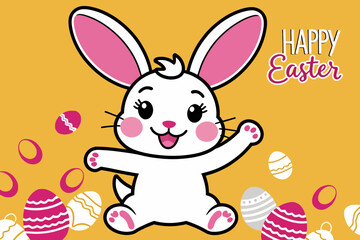 Happy Easter Cute Bunny with Eggs Illustration-Festive Spring Holiday Image-Cheerful Cartoon Rabbit for Easter Greetings-Easter Celebration Graphics
