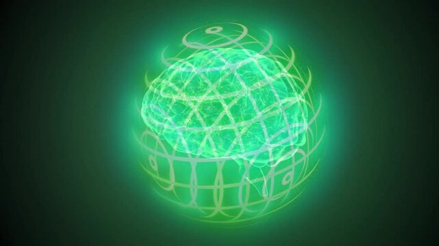 On start brain mesh forming inside grid sphere pulsing rotating representing neural activity