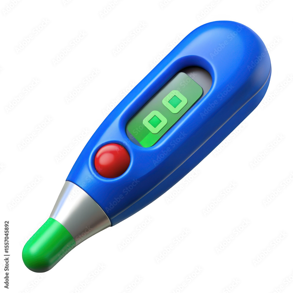 Poster blue digital thermometer with red button isolated on transparent background