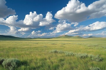 Obraz premium Colorado high plateau grassland with cumulus clouds casting shadows and deep field perspective for geography textbooks, outdoor apparel branding