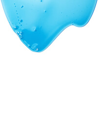 Blue liquid gel flowing, washing, shower fluid gel border, isolated on white background, dripping shampoo texture on white, body care cosmetic, texture of liquid gel, soap backdrop, top view 