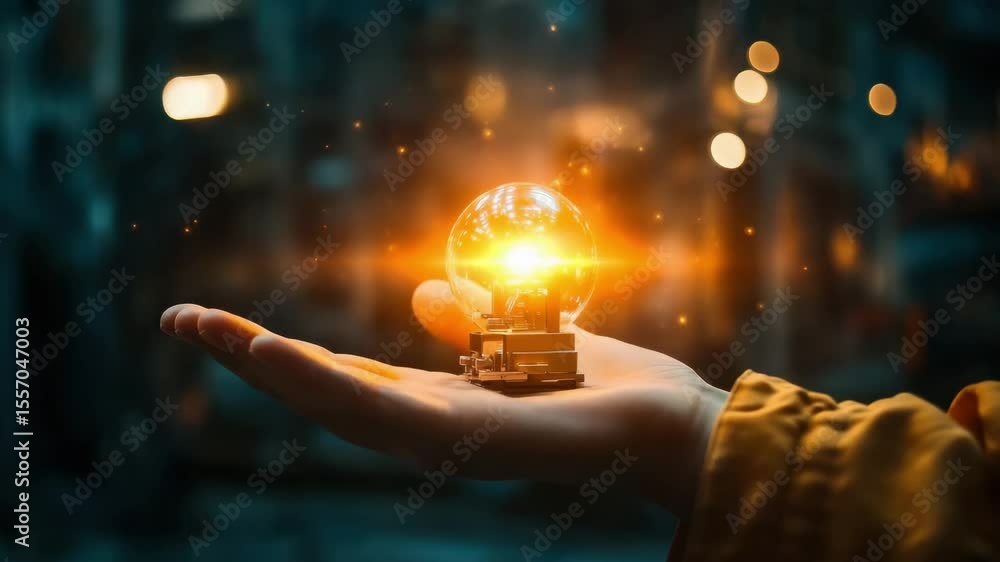 Poster light bulb glowing in hand with warm light and bokeh effect symbolizing innovation and bright idea c