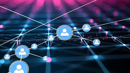 Abstract digital network connection with user icons, glowing nodes, and vibrant background patterns - Powered by Adobe