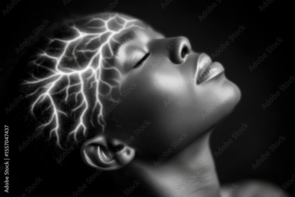 Poster a profound portrait showcasing an ethereal woman expressing serene tranquility while electrifying pa