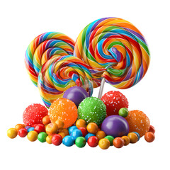 3d rainbow candy explosion with spiral lollipops and gumballs isolated on white background
