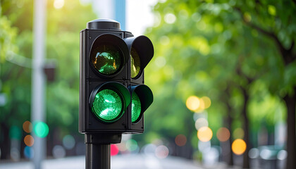 Green Light Signal: A detailed look at a traffic light showing the green signal, a symbol of progress and movement, with lush greenery in the background.