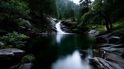 Obraz premium Serene waterfall cascading into tranquil pool surrounded by lush greenery in a peaceful forest setting