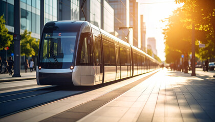 City Transit in Sunlight: A sleek, modern tram glides gracefully through a sun-drenched urban landscape, showcasing efficient public transport amidst the towering buildings and bustling city life.