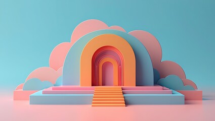 Pastel Rainbow Archway Stage with Cloud Shapes and Steps abstract architectural