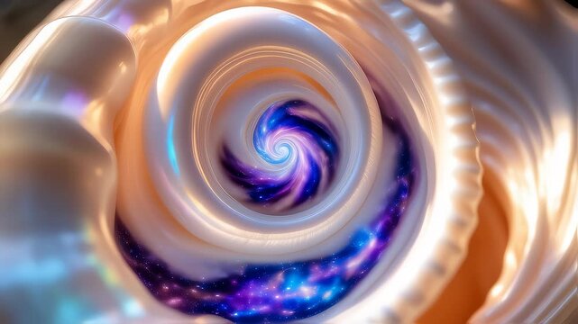 Iridescent Seashell Interior with Expanding Spiral Galaxy