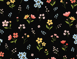 Colorful Floral Pattern on Black Background: Multihued Blossoms & Green Leaves in Artistic Botanical Design vector style portrait