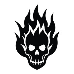 Black silhouette of a skull engulfed in flames on a white background