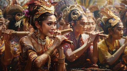 Fototapeta premium Balinese musicians playing bamboo flutes in a vibrant traditional ceremony create a cultural tapestry with ornate costumes.