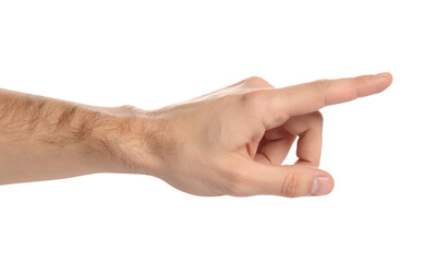 Hand finger gesture pointing isolated human skin male arm direction closeup horizontal adult caucasian communication sign body detail expression studio transparency background signal touch instruction